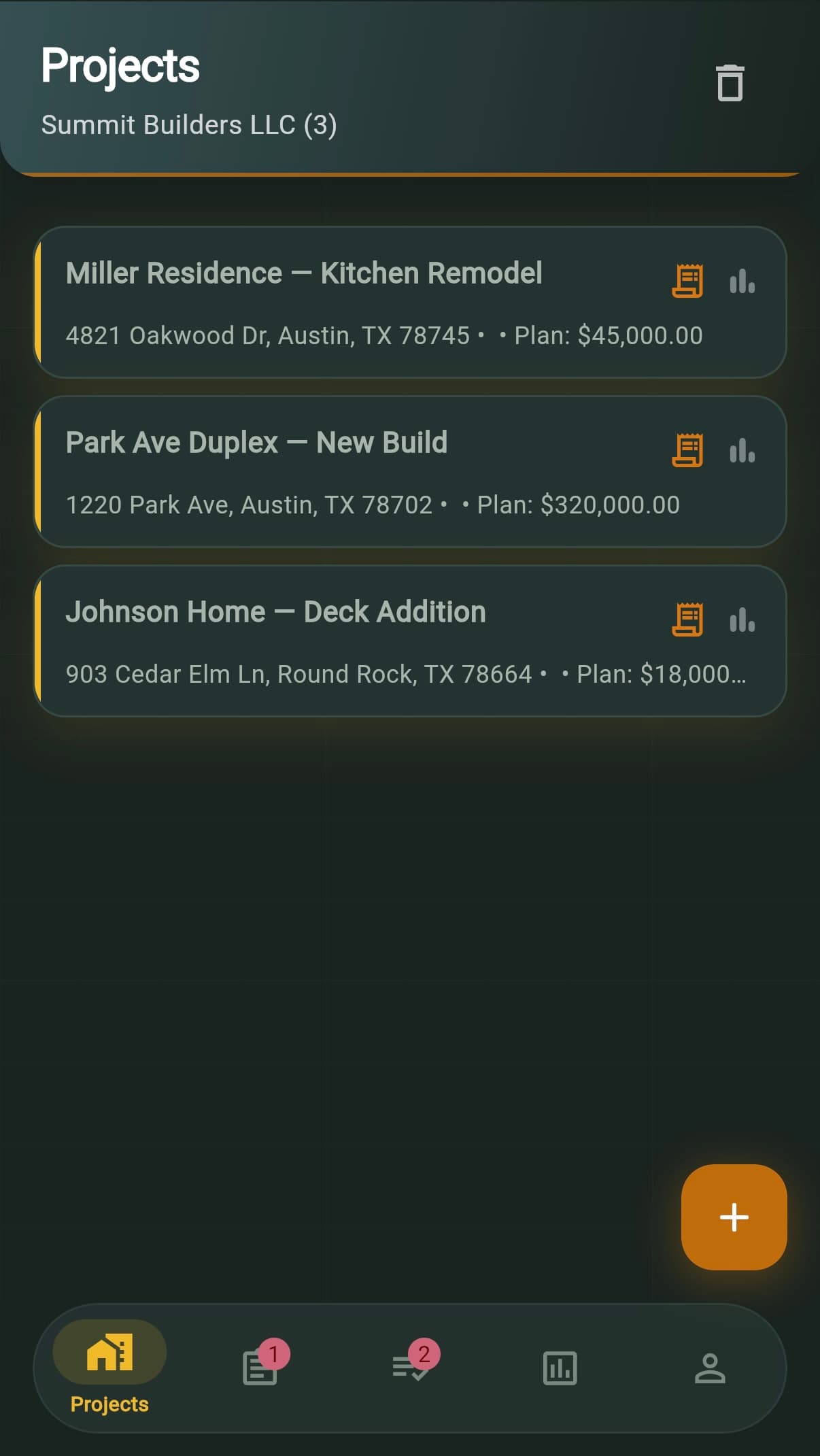 Projects list screen