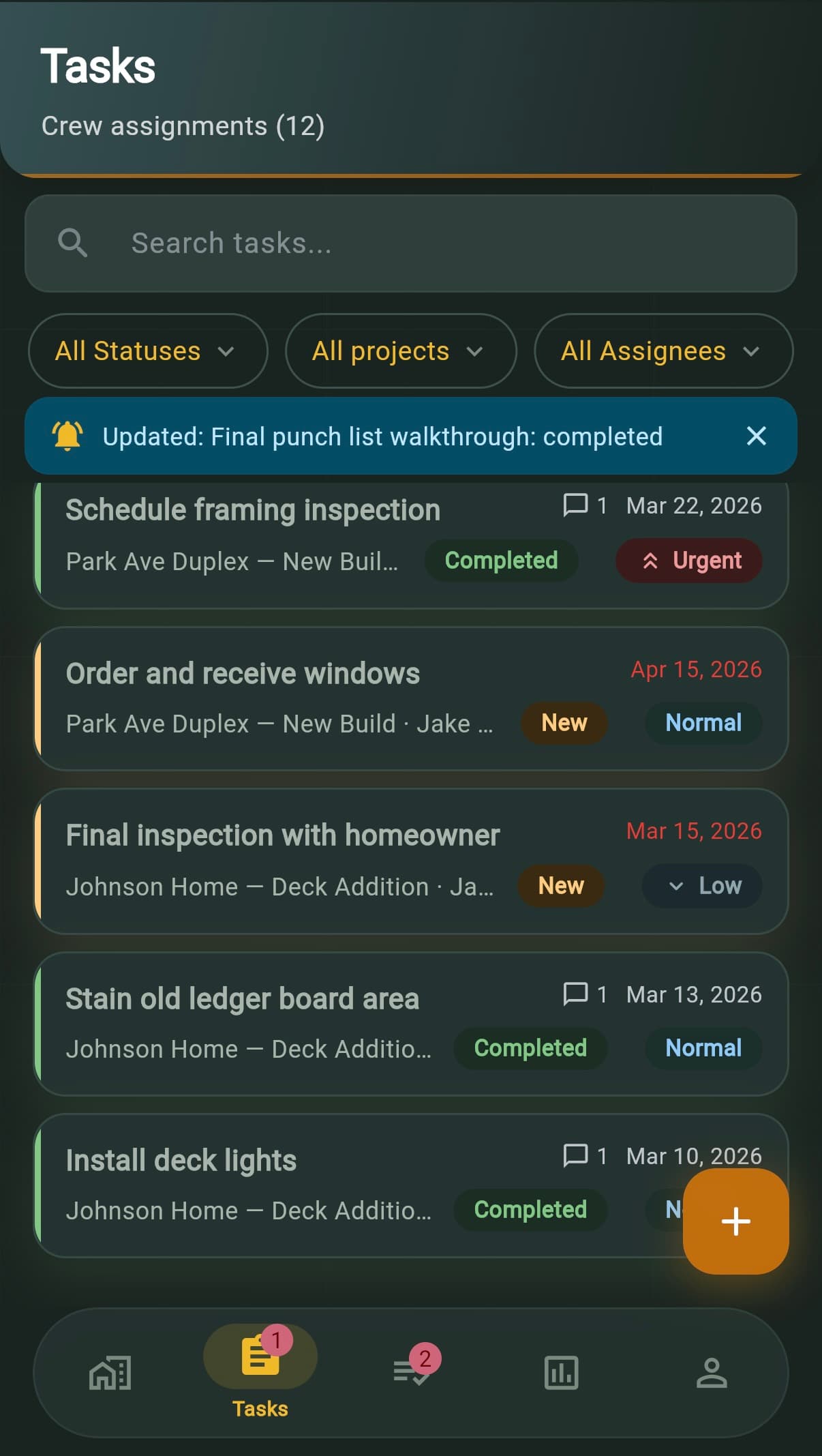 Tasks and requests screen